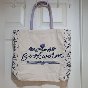 Bookworm Canvas Tote Bag in Cream and Navy with Lavender Handles & Inside Pocket